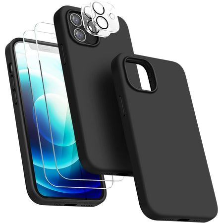 Entronix Silicone Case Designed for Apple iPhone 12 Liquid Silicone Case, 5 in 1 Bundle with 2 Clear Tempered Glass and 2 Camera Lens Shockproof Case - Entro Retail