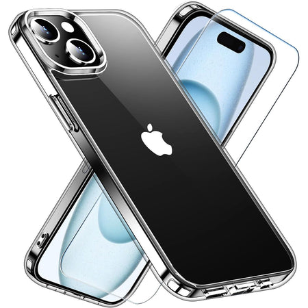 Entronix Case Heavy Duty Clear Case Designed for Apple iPhone 15 Transparent with 1 Tempered Glass Screen Protector, Shockproof Dropproof Slim Case - Entro Retail