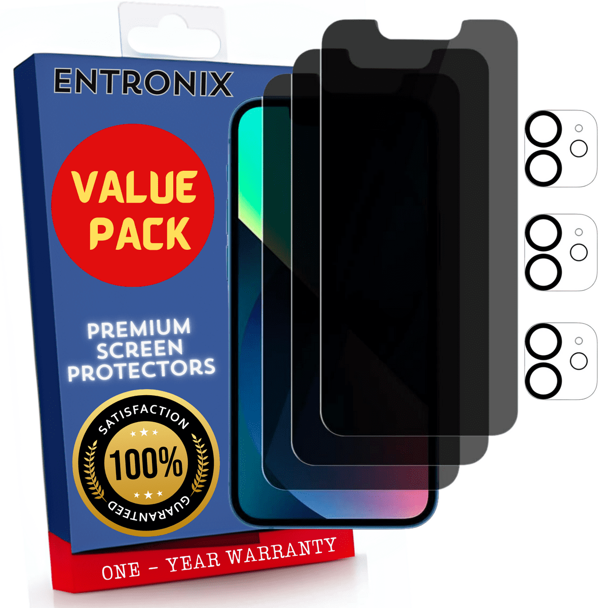 Entronix Case Screen Protector Bundle with Camera Cover Designed for Apple iPhone 12 Privacy 9H Hardness,Bubble Free Easy Install, 3 PACK - Entro Retail