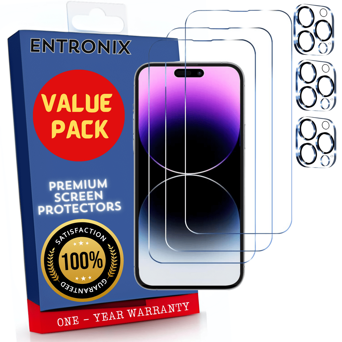 Entronix Case Screen Protector Bundle with Camera Cover Designed for Apple iPhone 14 Pro Clear 9H Hardness,Bubble Free Easy Install, 3 PACK - Entro Retail