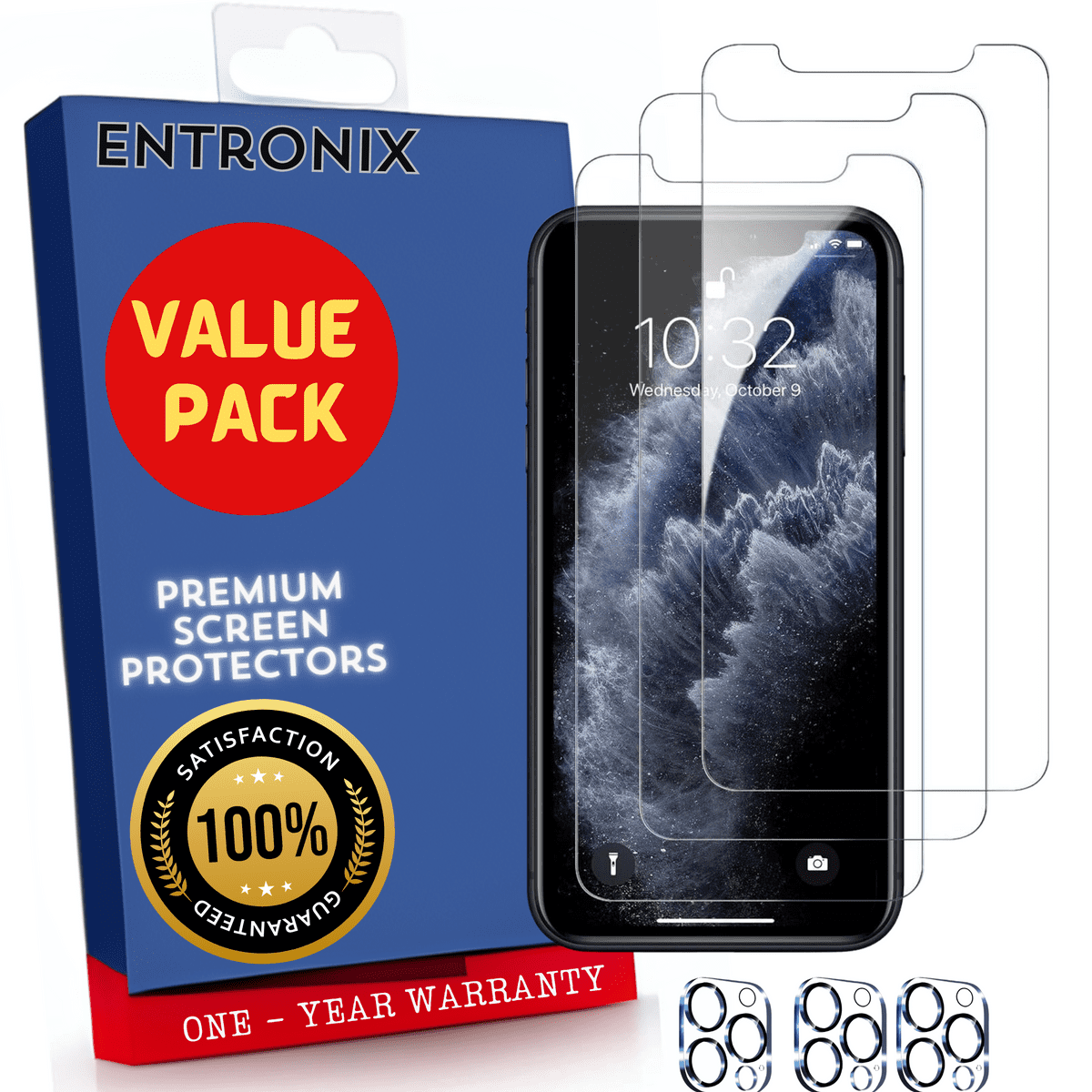 Entronix Case Screen Protector Bundle with Camera Cover Designed for Apple iPhone 11 Pro Max Clear 9H Hardness,Bubble Free Easy Install, 3 PACK - Entro Retail