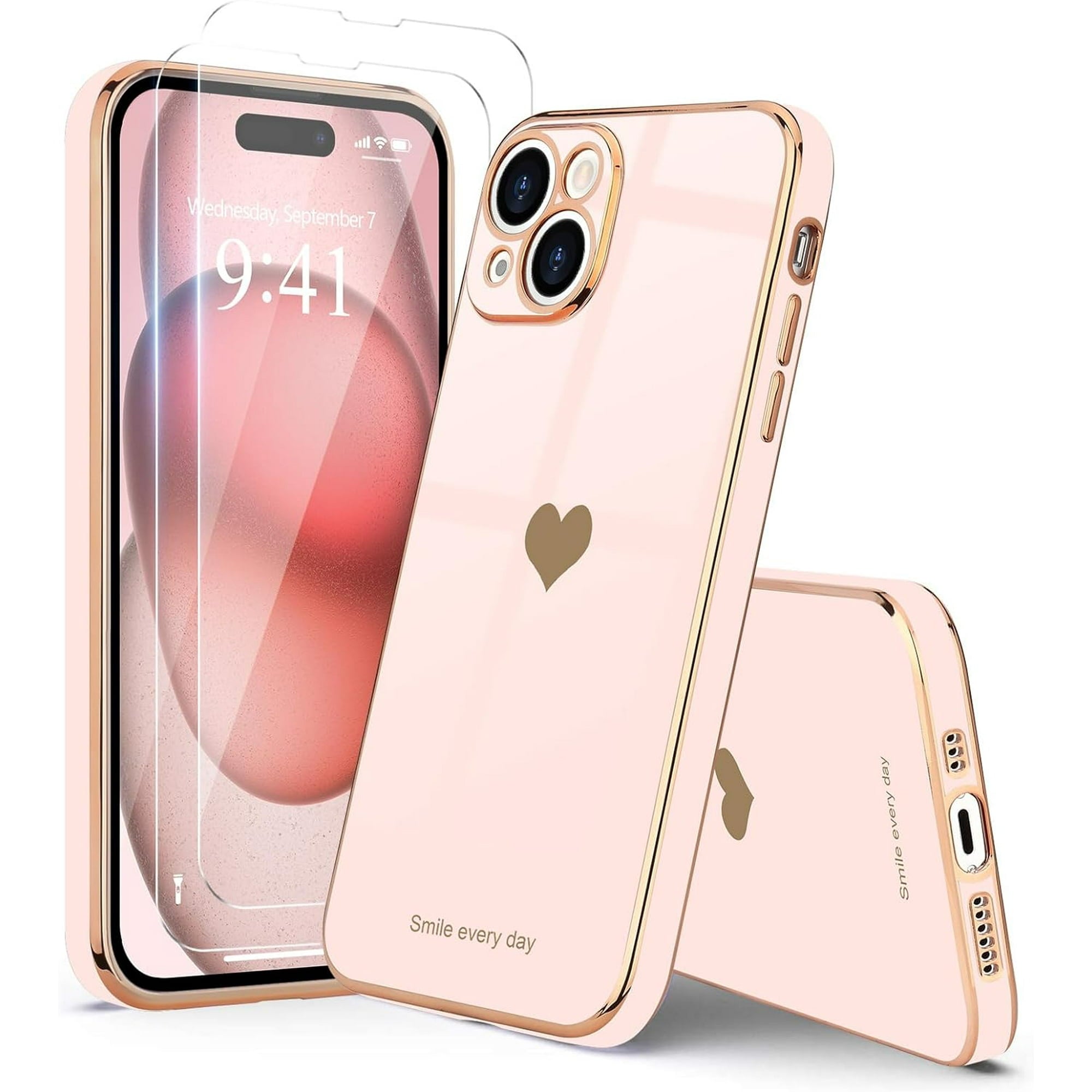 Entronix Bundle Compatible with iPhone 14 - [Flexible] Glossy Heart Case & 2 Clear Screen Protectors