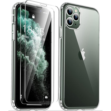 Entronix Case Heavy Duty Clear Case for Apple iPhone 11 Pro Transparent with 2 Tempered Glass Screen Protector, Shockproof Dropproof Slim Case - Entro Retail