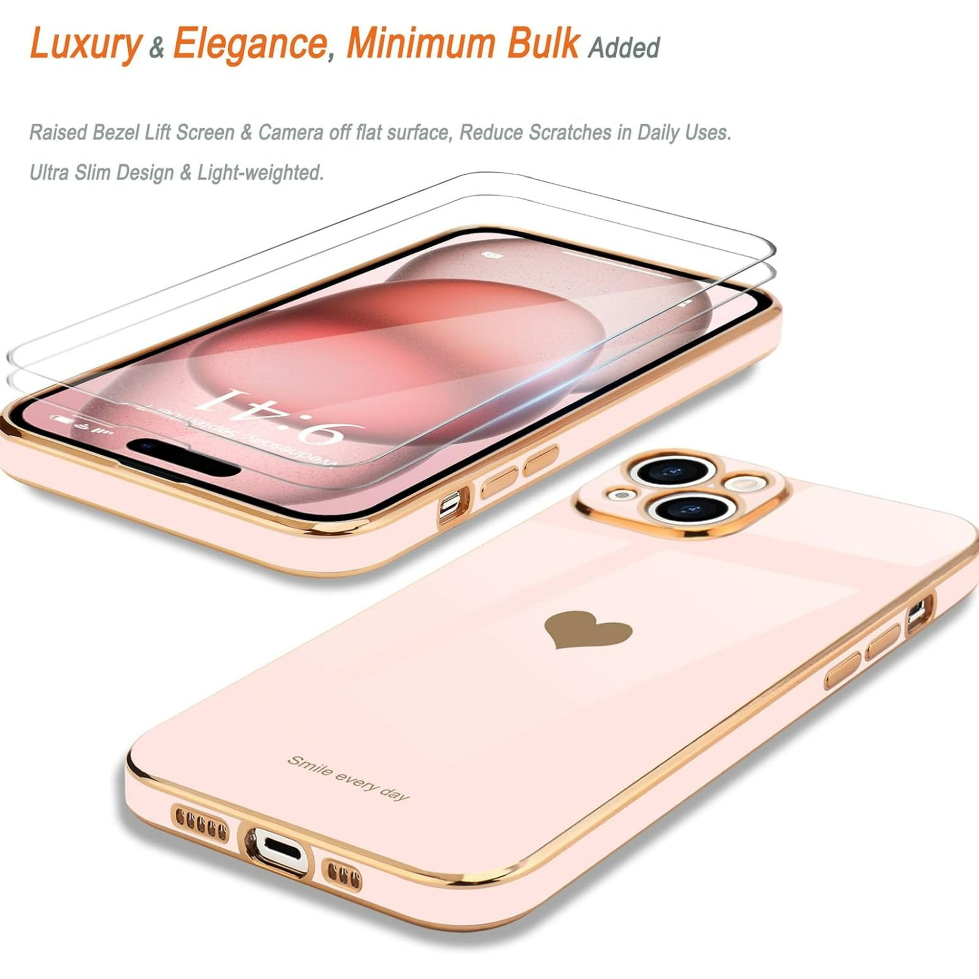 Entronix Bundle Compatible with iPhone 15 Plus - [Flexible] Glossy Heart Case & 2 Clear Screen Protectors