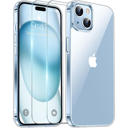 Entronix Case Heavy Duty Clear Case for Apple iPhone 15 Plus Transparent with 2 Tempered Glass Screen Protector, Shockproof Dropproof Slim Case - Entro Retail