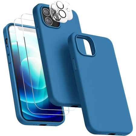 Entronix Silicone Case Designed for Apple iPhone 12 Liquid Silicone Case, 5 in 1 Bundle with 2 Clear Tempered Glass and 2 Camera Lens Shockproof Case - Entro Retail