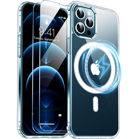 Entronix Case Magnetic Clear Case Designed for Apple iPhone 12 Pro Max with 2 Tempered Glass, Shockproof Transparent Crystal Cover - Entro Retail